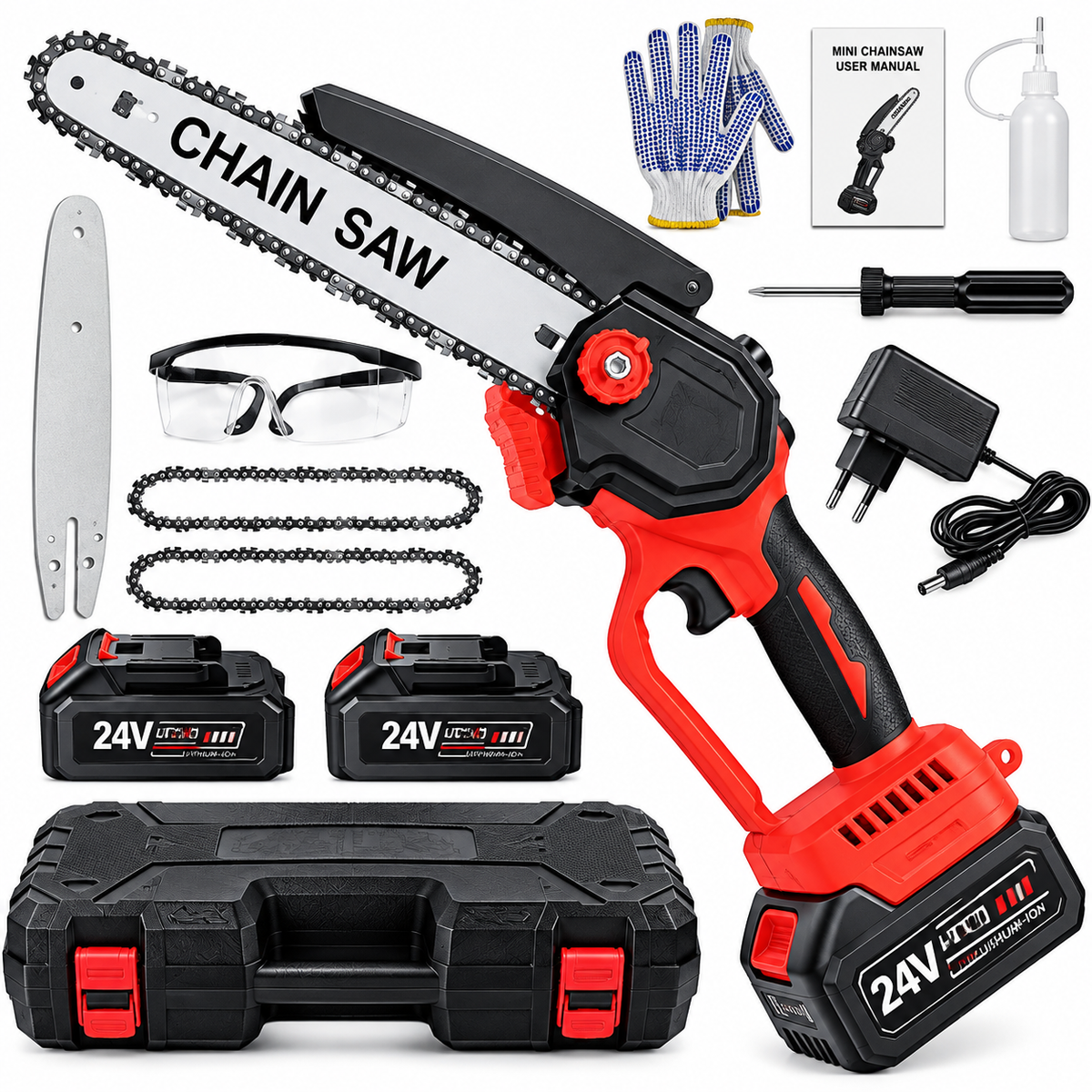 24V Cordless Mini Chainsaw Kit – Rechargeable Electric Pruning Saw with 2 Batteries & Accessories