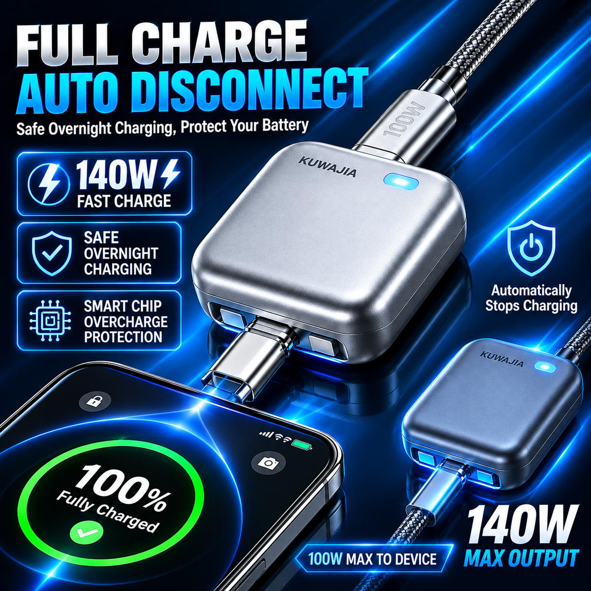 Smart Auto Self-Disconnecting Charger – Automatic Power Cut-Off Charging Adapter