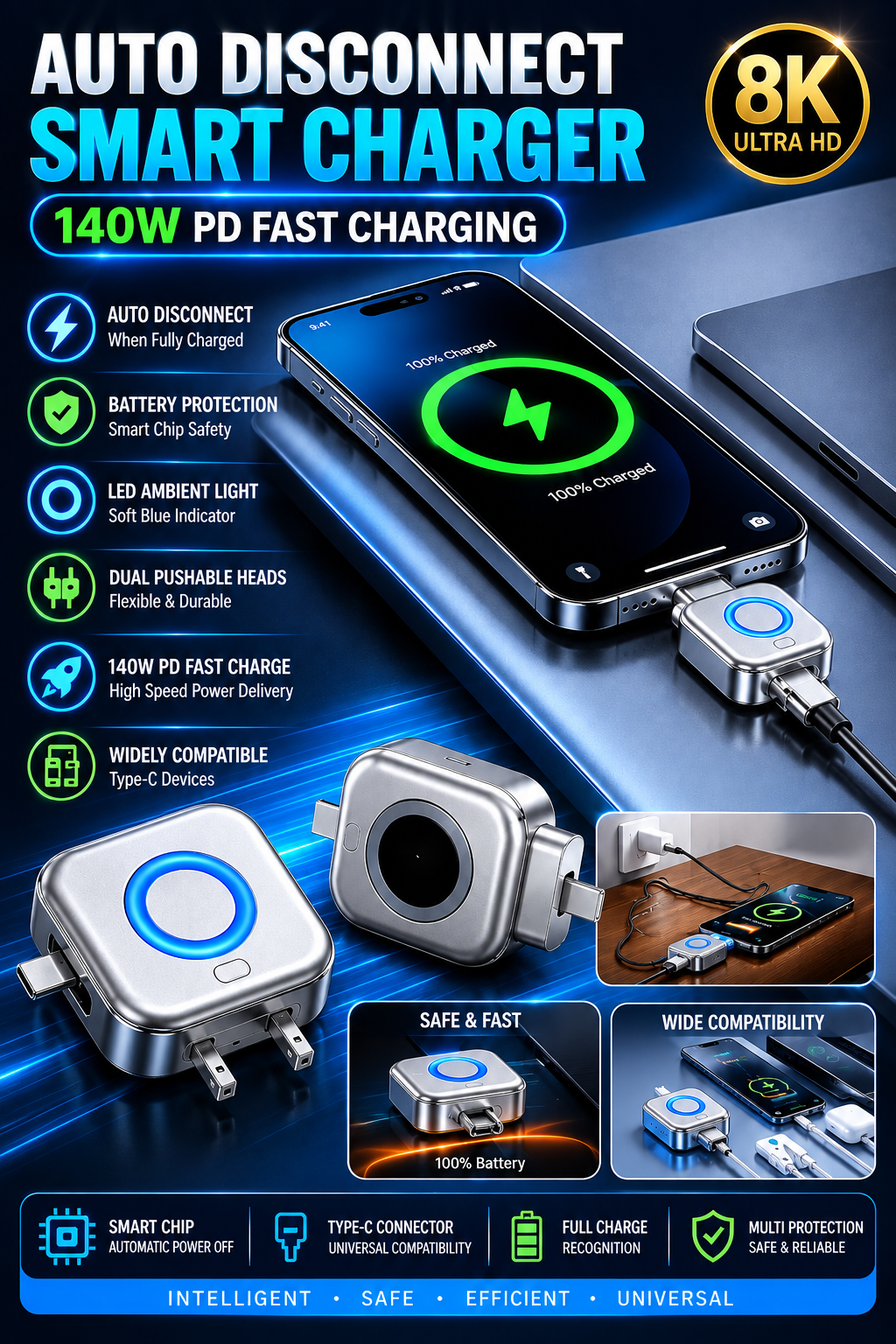 Smart Auto Self-Disconnecting Charger – Automatic Power Cut-Off Charging Adapter