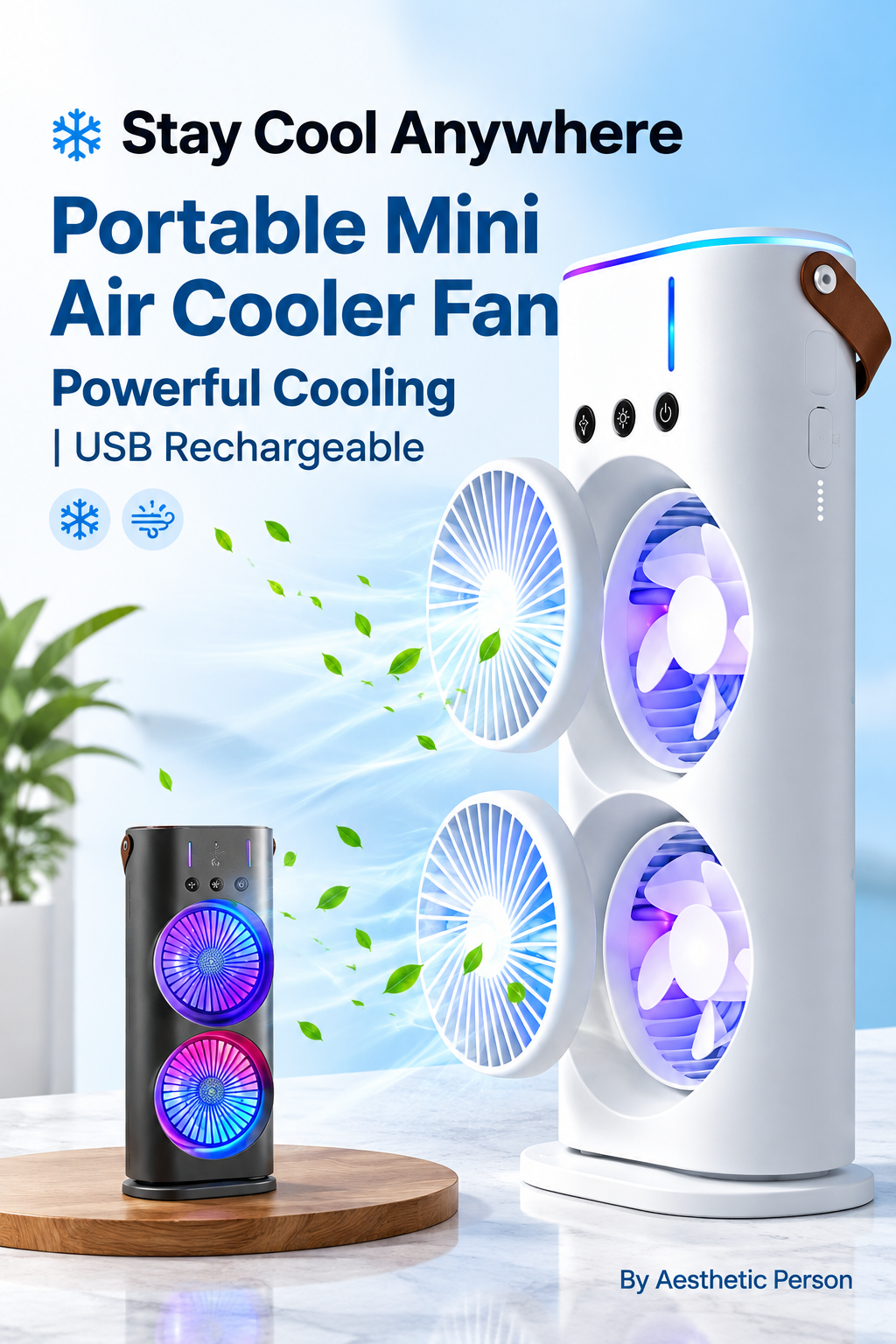 Portable Mini Air Cooler Fan with Cool Mist, LED Light & Remote