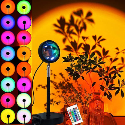 16-Color RGB Sunset Projection Lamp with Remote Control | 360° Rotating LED Ambient Mood Light