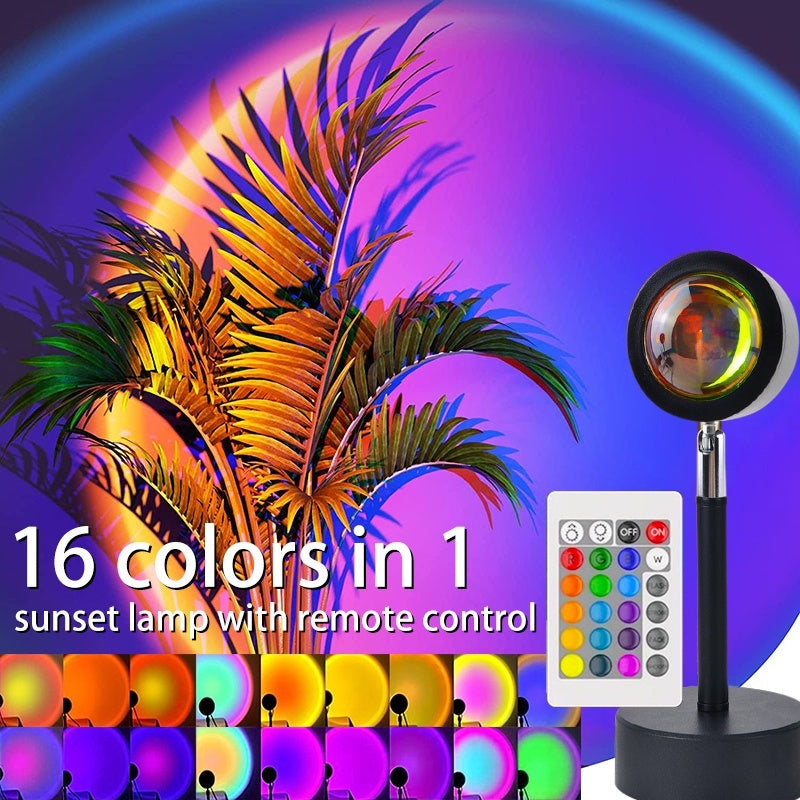 16-Color RGB Sunset Projection Lamp with Remote Control | 360° Rotating LED Ambient Mood Light