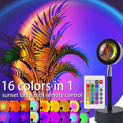 16-Color RGB Sunset Projection Lamp with Remote Control | 360° Rotating LED Ambient Mood Light