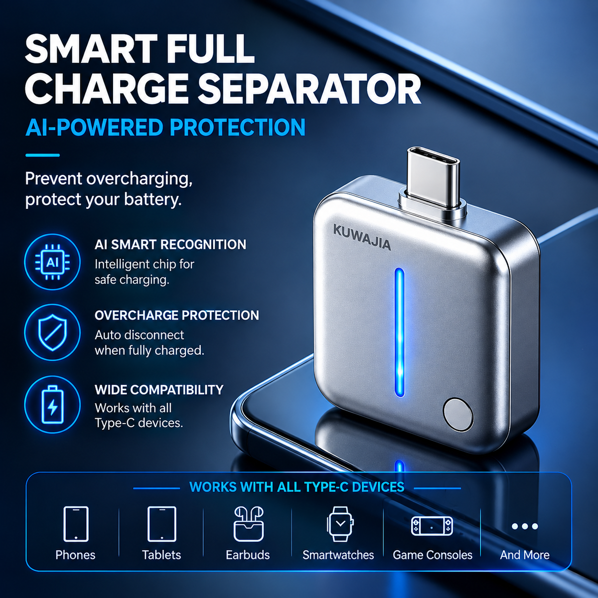 Smart Auto Self-Disconnecting Charger – Automatic Power Cut-Off Charging Adapter