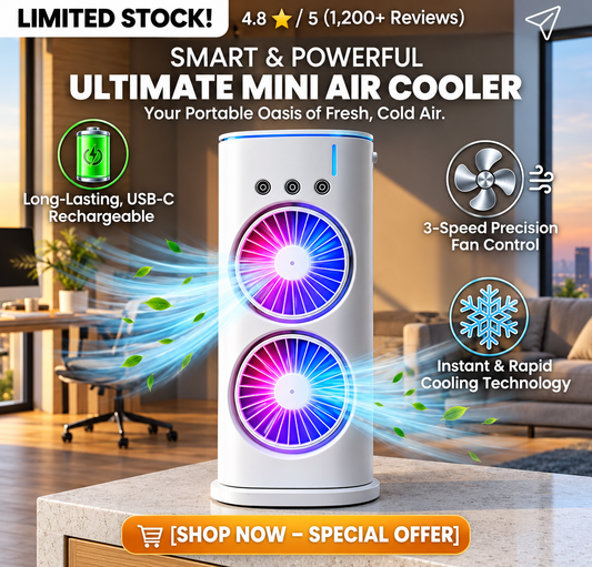 Portable Mini Air Cooler Fan with Cool Mist, LED Light & Remote