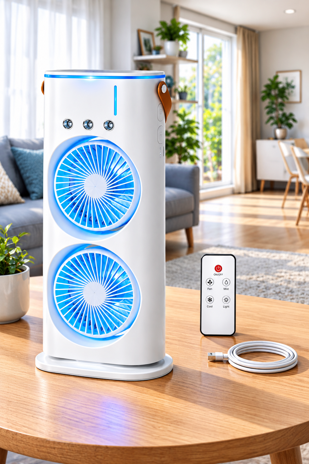 Portable Mini Air Cooler Fan with Cool Mist, LED Light & Remote
