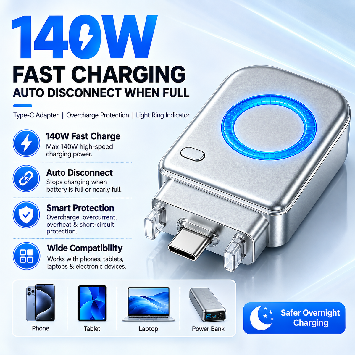 Smart Auto Self-Disconnecting Charger – Automatic Power Cut-Off Charging Adapter