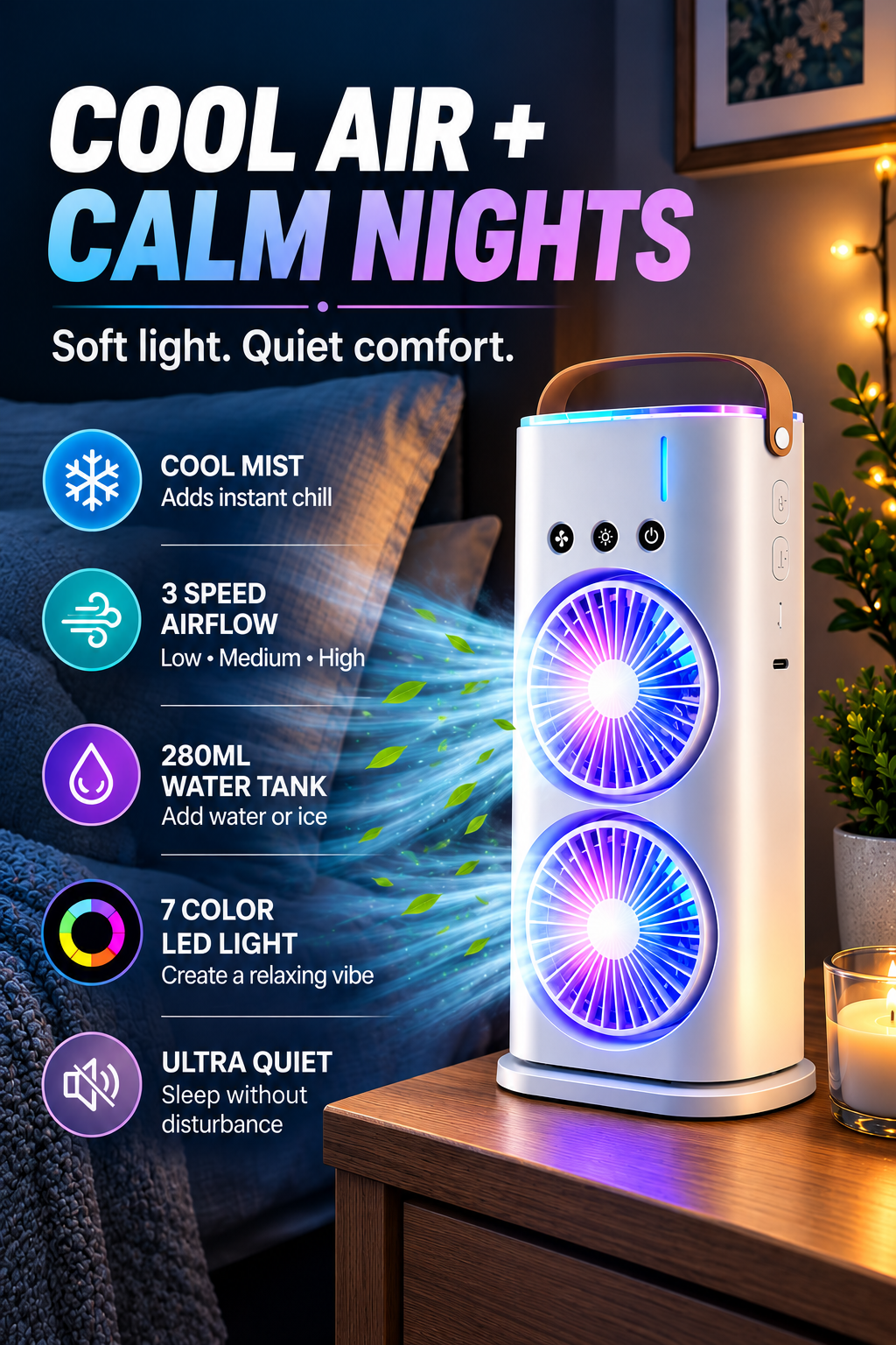 Portable Mini Air Cooler Fan with Cool Mist, LED Light & Remote